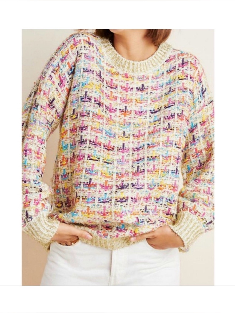 Stellah Multicolor Tweed Crewneck Sweater in Beige Base